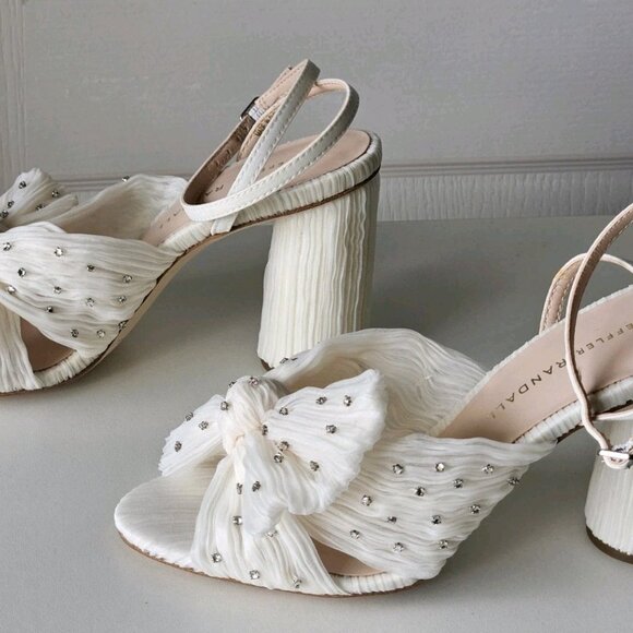 Loeffler Randall Camellia Pleated Bow Rhinestone Ivory Heels Sandals - Picture 11 of 14